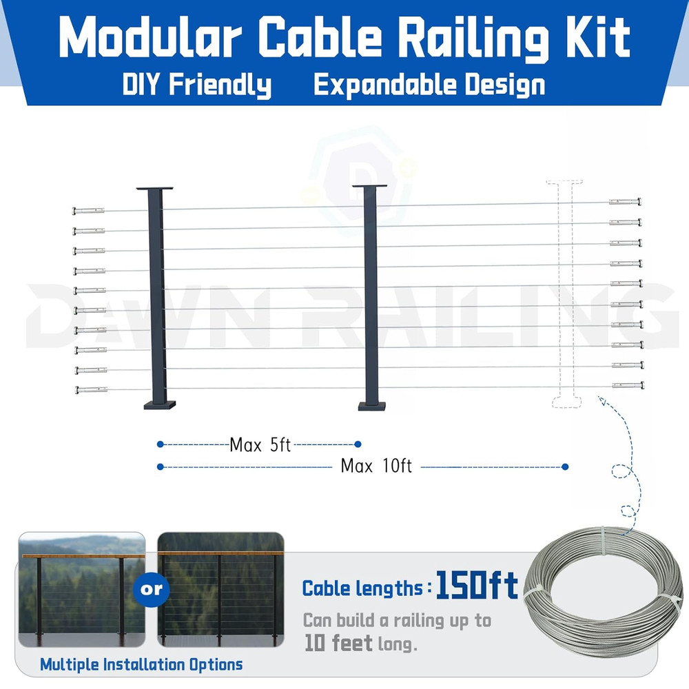 DIY 5-10FT Cable Railing Kit with 36" Posts & 150FT Cable - Black Powder-Coated