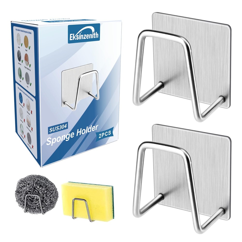 2 PCS Silver Sponge Holder for Kitchen Sink Adhesive Rustproof SUS304 Steel