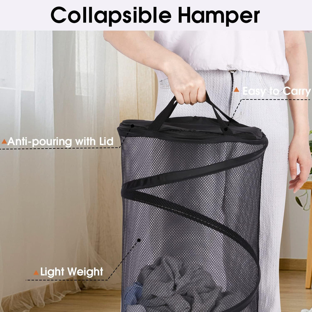 Large Collapsible Laundry Basket with Lid Foldable Mesh Pop Up Hamper with Handl