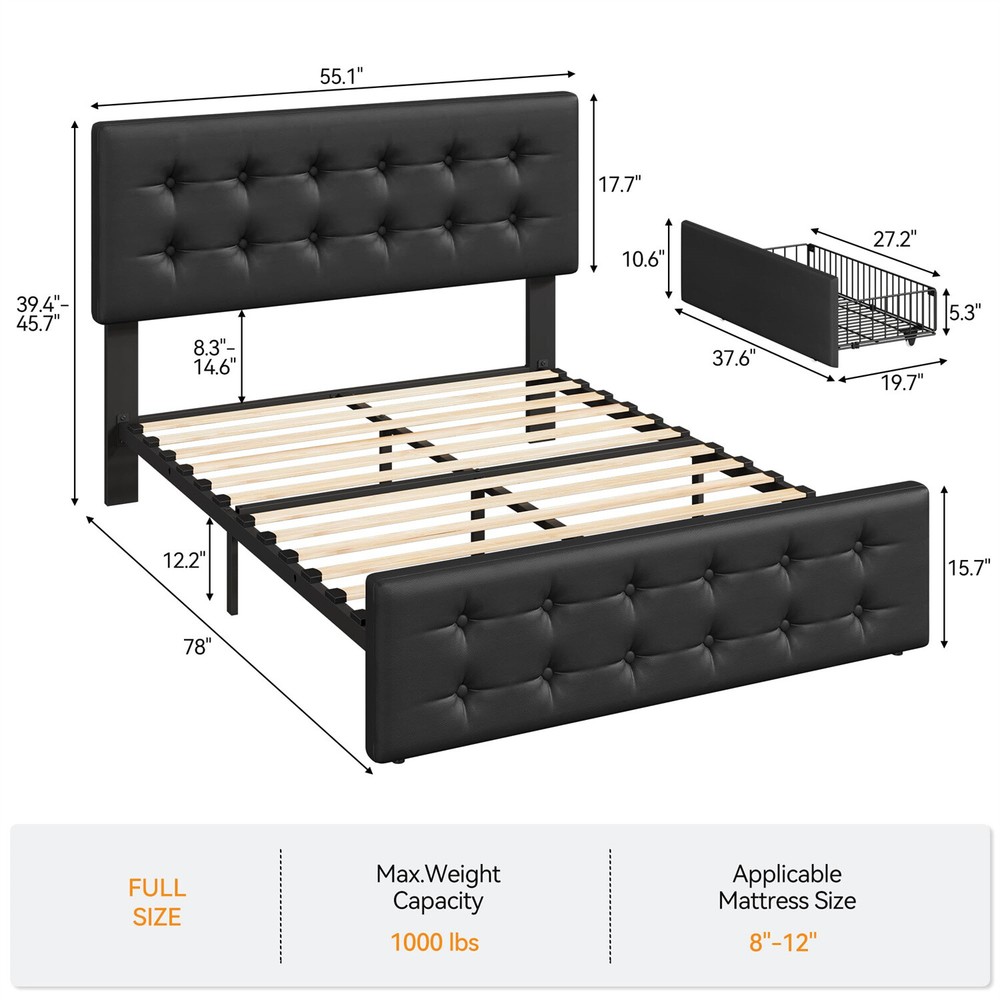 🎱✅Full Size Bed Frame with 4 Storage Drawers and Headboard Upholstered Platform