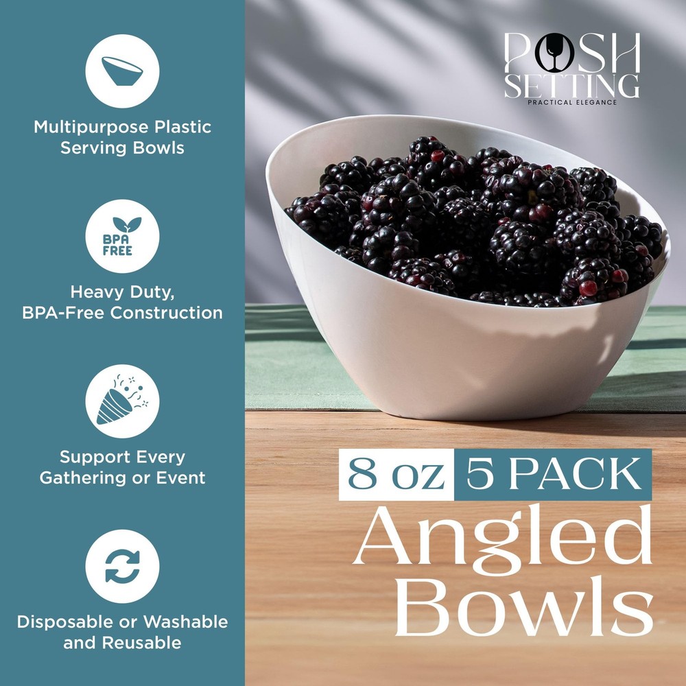 Posh Setting - White Plastic Serving Bowls for Party Angled Small 8 OZ,