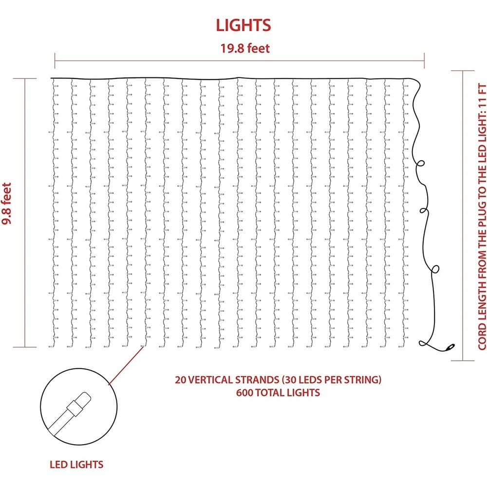 Product Works 8 Function, String Light Curtain, 600 Warm White Micro Bulbs, 20'