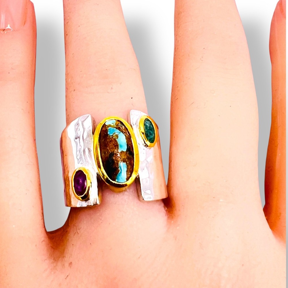 Two Tone Sterling Silver Blue Turquoise Emerald Ruby Ring Handmade -6500