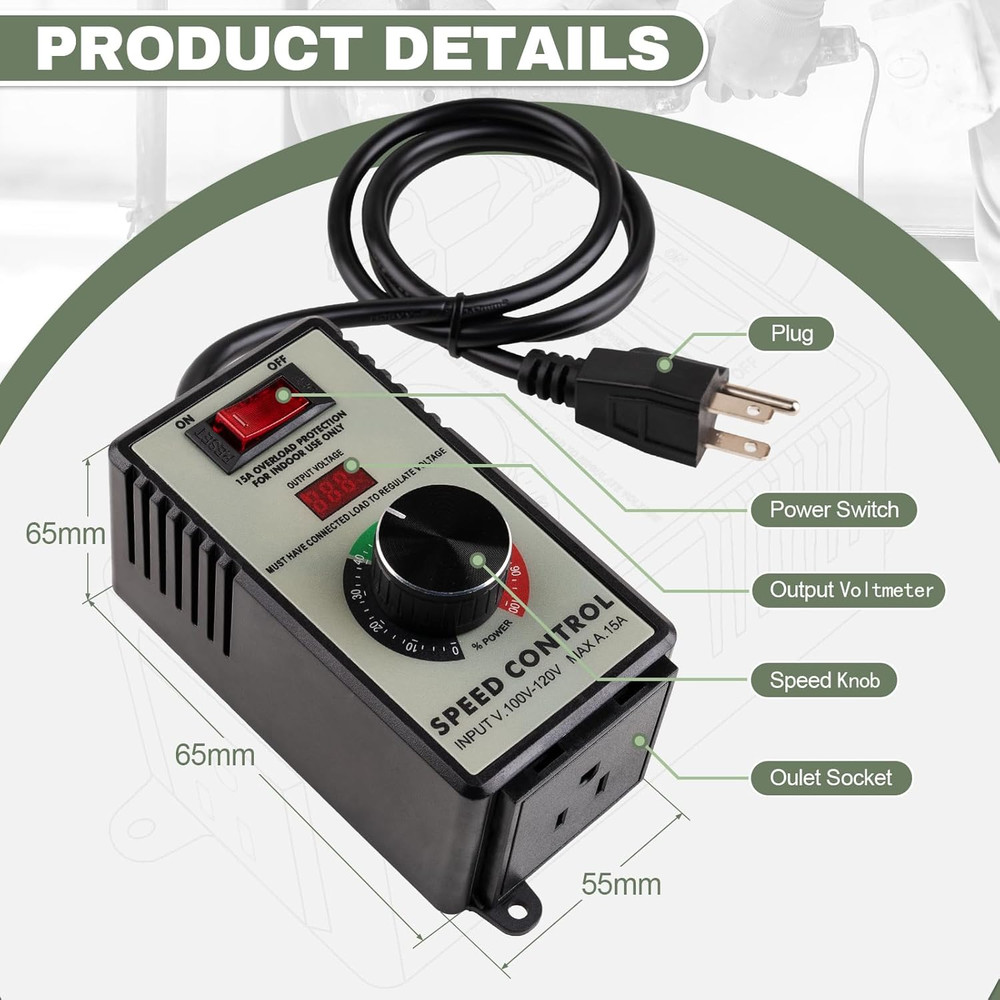 AC Motor Speed Controller 100V-120V 15A Variable Speed Regulator for Router Fan