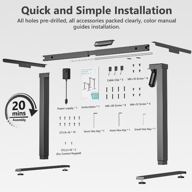 VVENACE Electric Standing Desk Frame, Single Motor Adjustable (Black Frame only)