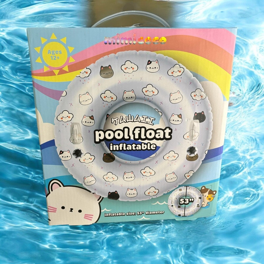 Minicoco Kawaii Pool Float Inflatable Size 53” Diameter White Innertube Smiling