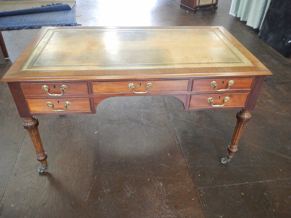 Antique Five-Drawer Gilt Embossed Leather Top Writing Desk