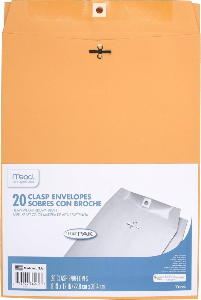 20 Count Brown Kraft Clasp Envelopes, 9" x 12", Secure Document Mailing