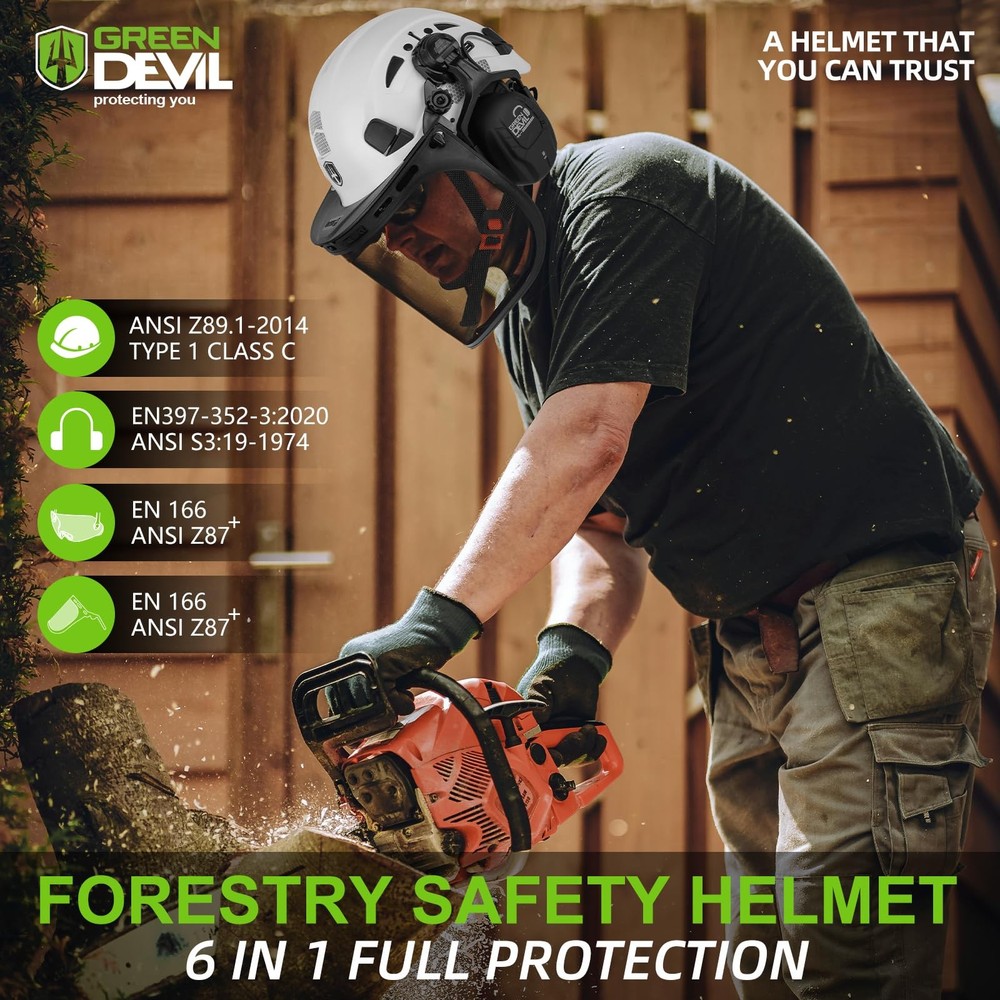 GREEN DEVIL Forestry Chainsaw Safety Helmet with Bluetooth Ear Muffs Arborist...