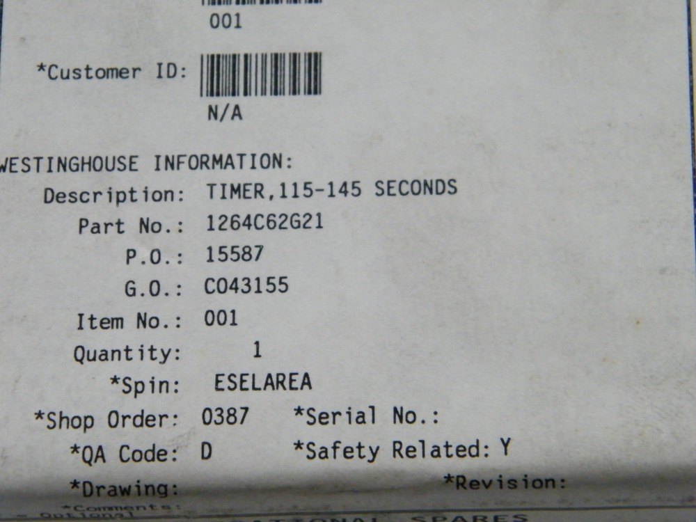WESTINGHOUSE ~ SOLID-STATE INTERNAL TIMER 115 – 145 SECONDS PART 1264C62G21