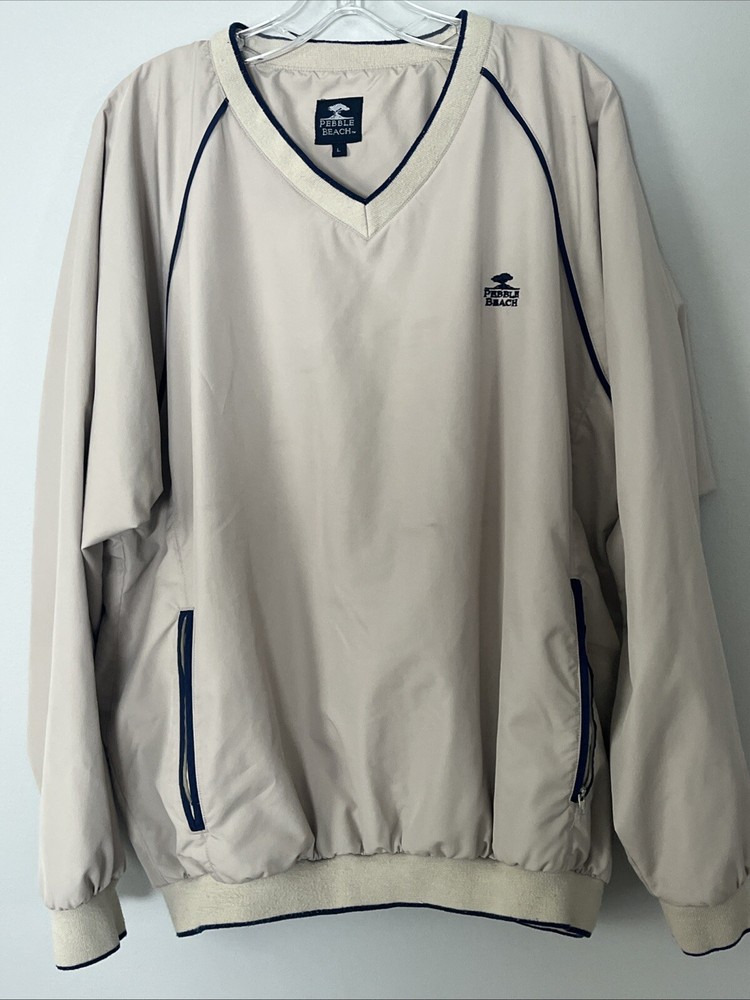Pebble Beach Pullover Windbreaker Mens Size Large Beige Embroidered Logo V Neck