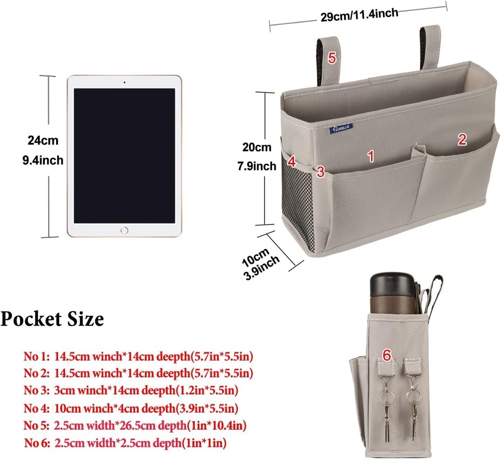 Surblue Bedside Caddy Hanging Bed Organizer Storage Bag Pocket For Bunk Gray