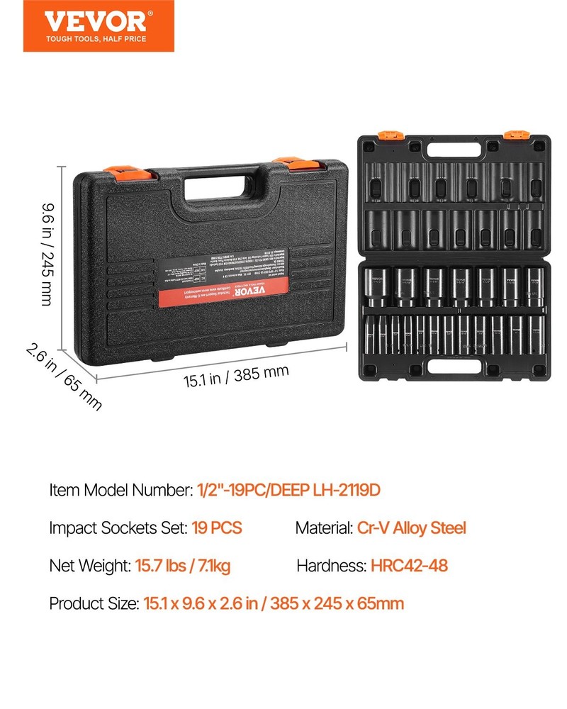 VEVOR Impact Socket Set,1/2" 19 Piece Impact Sockets,Deep Socket,6-Point Sockets