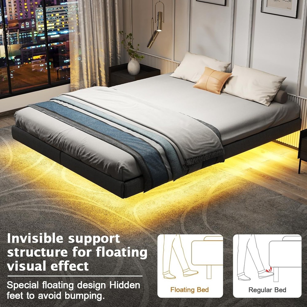 King Floating Bed Frame with LED Lights & Under Bed Storage No Box Spring Needed