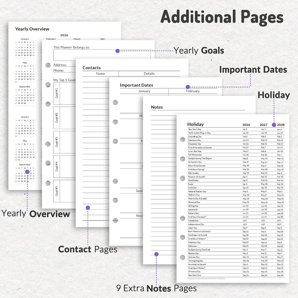 2026 Weekly & Monthly Planner Refills for A5 6-Ring Binders, Jan 2026 - Dec