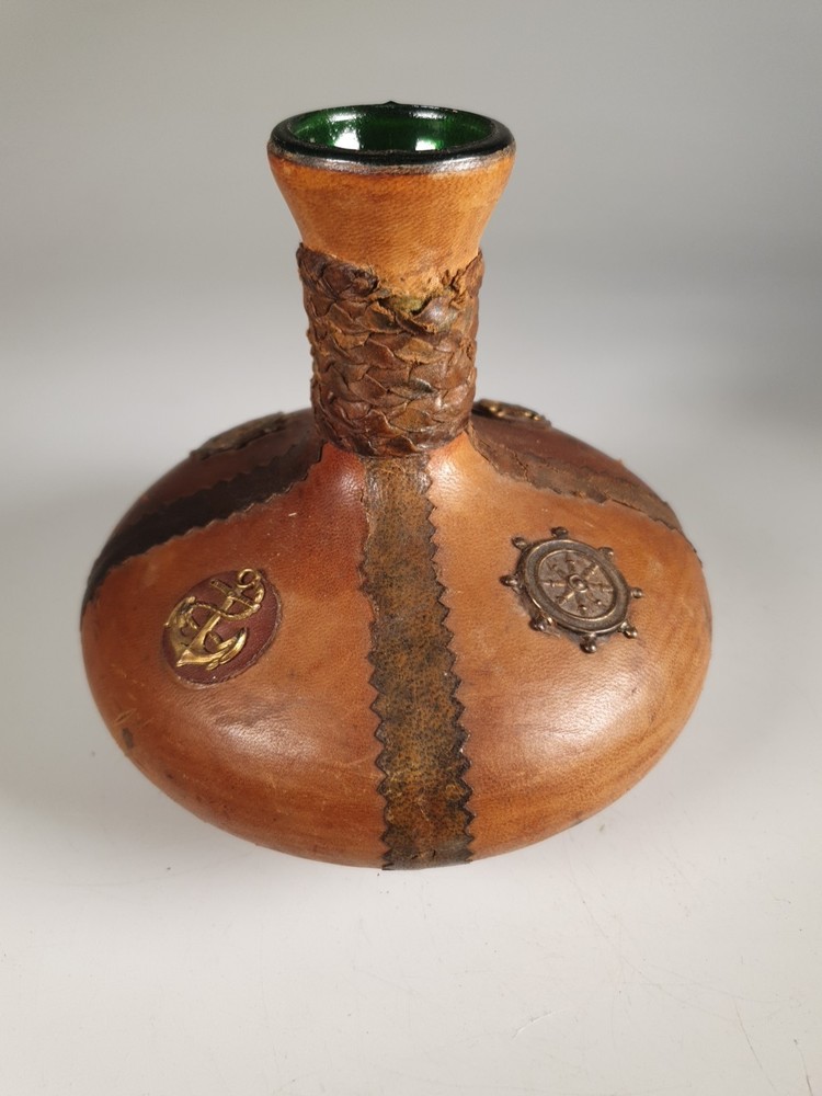 Vintage Leather Wrapped Green Bottle Decanter