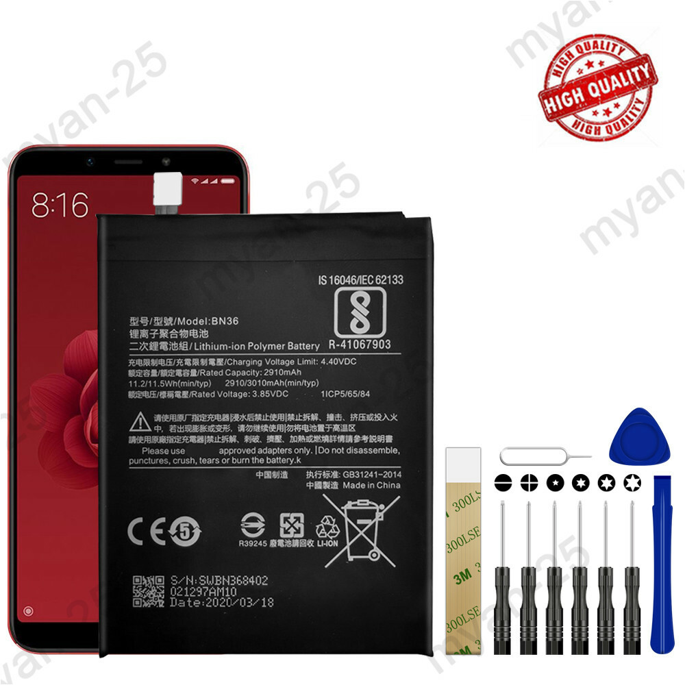 New BN36 Battery Replacement for Xiaomi Mi A2 2910mAh Tools