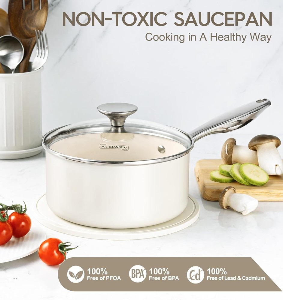 MICHELANGELO 3 Quart Saucepan with Lid, Induction 3 Quart, White