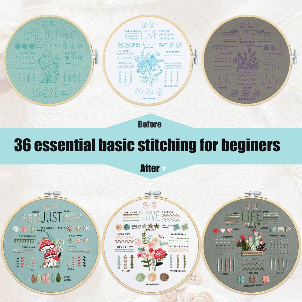 KintKita 3 Sets Embroidery Kit for Beginners to Learn 36 Basic Beginner