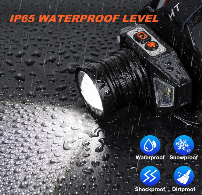 Linterna frontal LED recargable 3000 lúmenes con sensor, luz roja e IP65