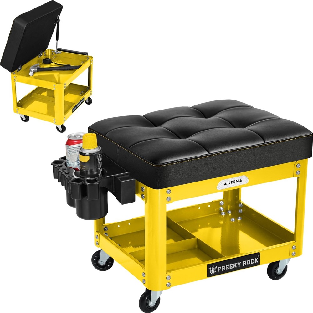 Rolling Mechanic Stool with Wheels, Garage Mechanics Stool with 2 Layer Repai...