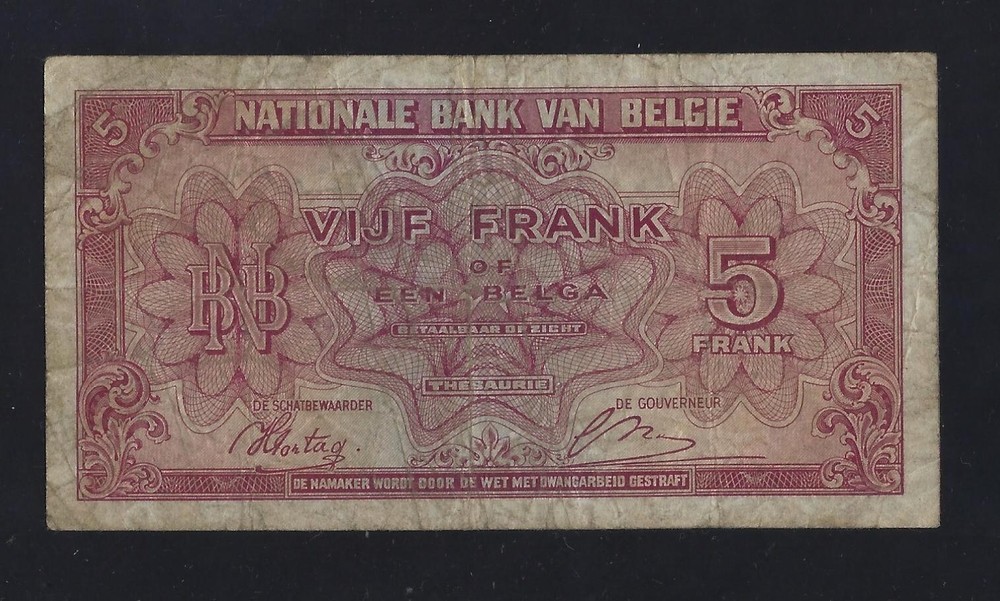 BELGIUM 5 FRANCS 1943 P-121 fine