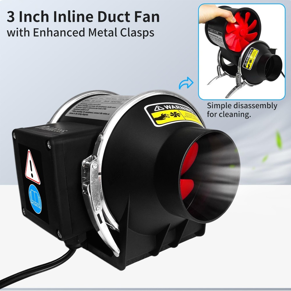 3 Inch Inline Duct Fan with Variable Speed Controller & 3 inches, Black