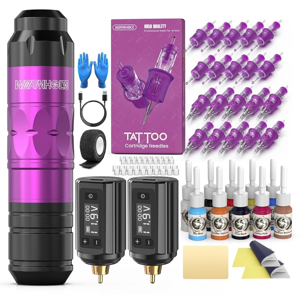 Complete Tattoo Experience: Wireless Machine, Ink Set & 20 Needles - Purple Kit