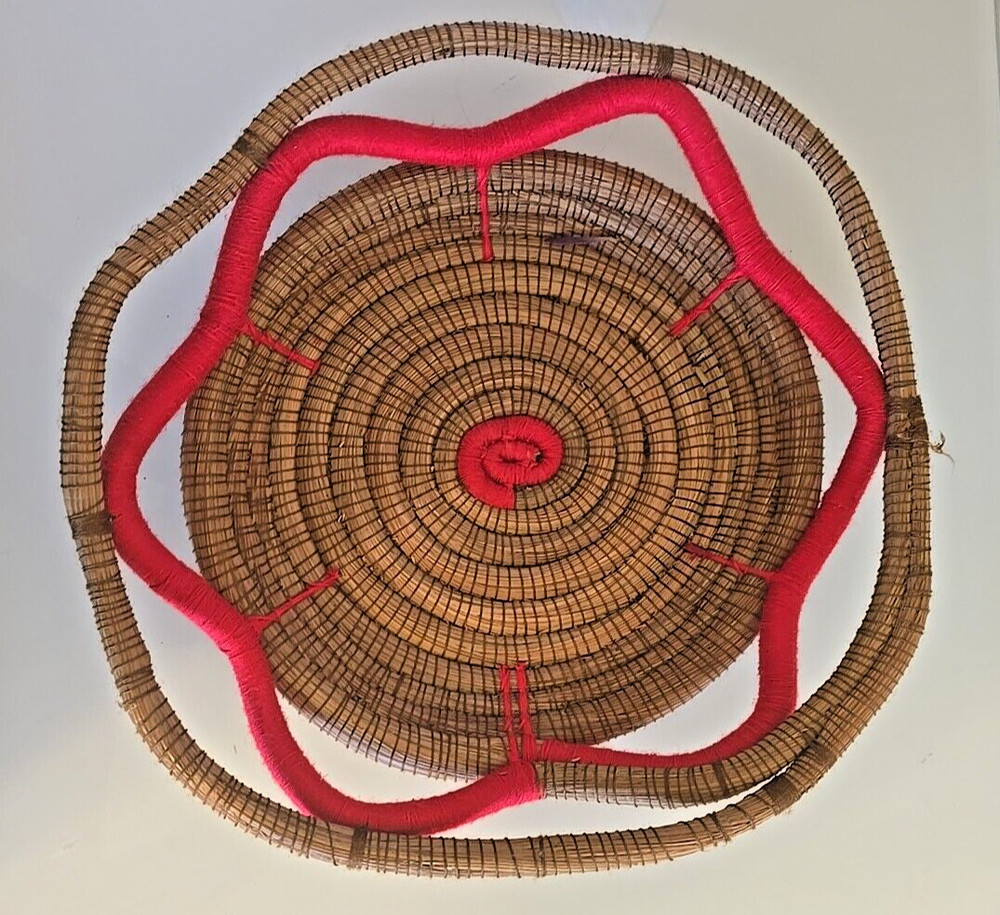Pine Needle Basket Five-Sided Brown With Red Trim 12"