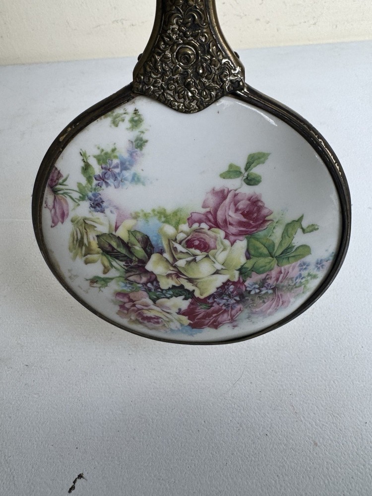 Vintage Ceramic & Brass Repousse Hand Vanity Mirror Flower Design