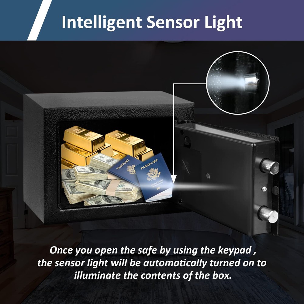 Fireproof Money Safe Box with Sensor Light Key & Passcode Lock Digital Keypad