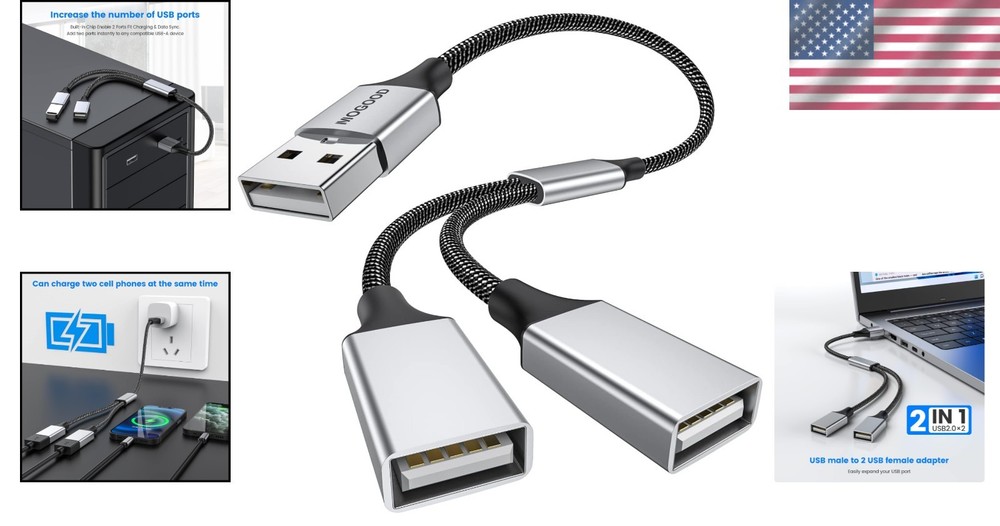 Dual USB 2.0 Y Splitter Cable - Aluminum Adapter for Charging & Data Transfer