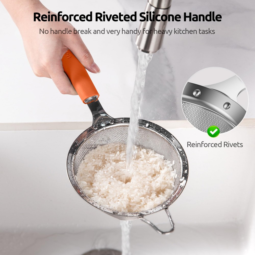 Medium Fine Mesh Strainer 4.7" 30-Mesh Sieve Stainless Steel Silicone Handle