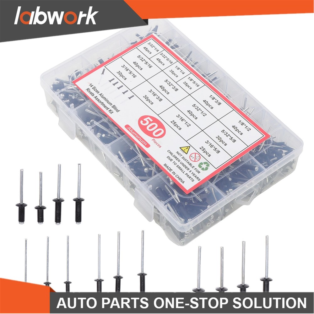 Labwork 500pcs Black Rivets Assortment Kit with 14 SAE Sizes (3/32"-3/16")