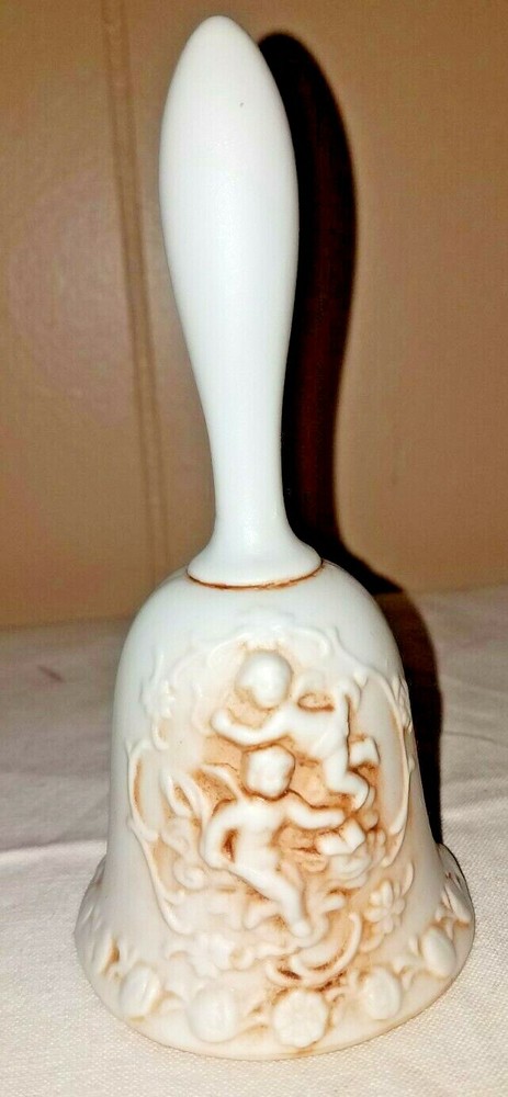 Bell 5" LEFTON Egg Shell White Bisque  Raised Relief Cherubs On Front Vintage