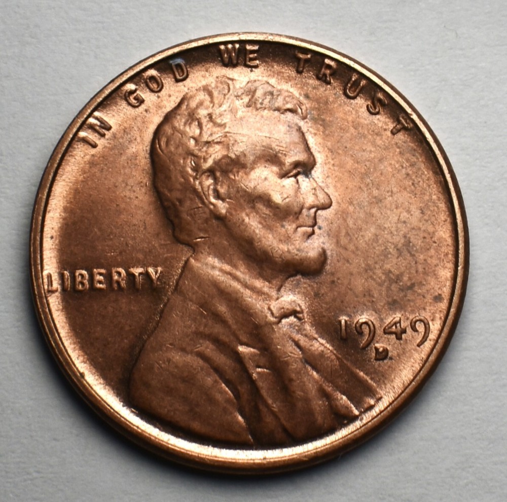 1949 D Penny Error Red Mint State Multi Error Double Die, Cracks Collar Filled D