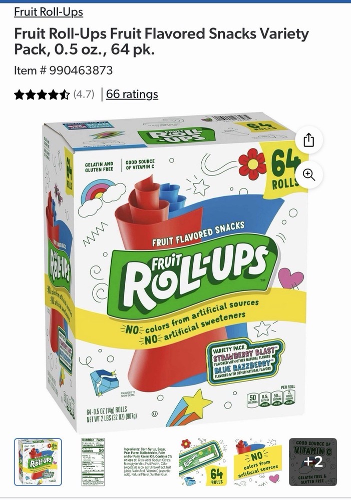 Fruit Roll-Ups Fruit Flavored Snacks Variety Pack, 0.5 oz., 64 pk