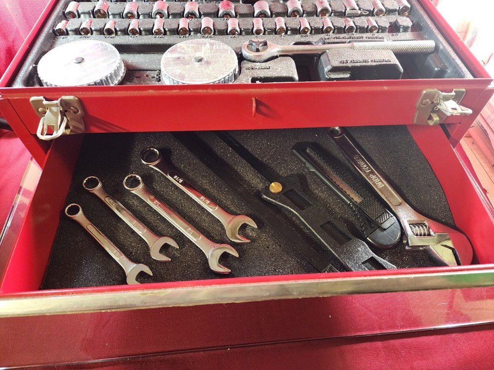 Red Metal 2 Drawer Toolbox With Tools 17"×9"×9"