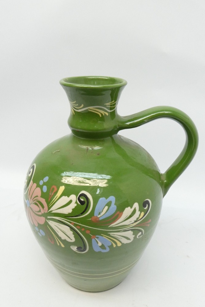 Green Hand Painted Made in Morocco Ceramic Floral Pattern Redware Jug One Handle