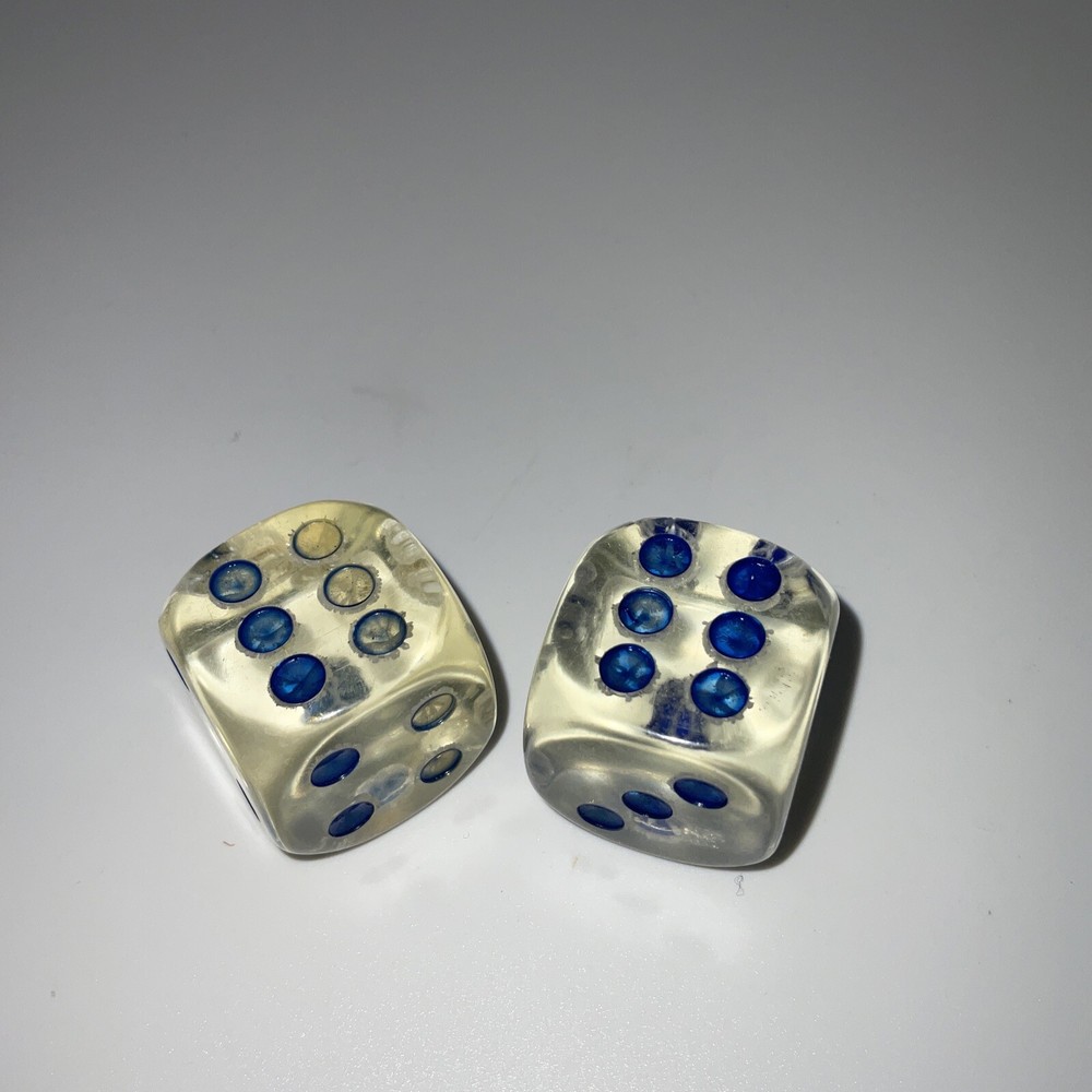 2 Pc Pair Large Vintage Translucent Clear/ Blue Pips Dice