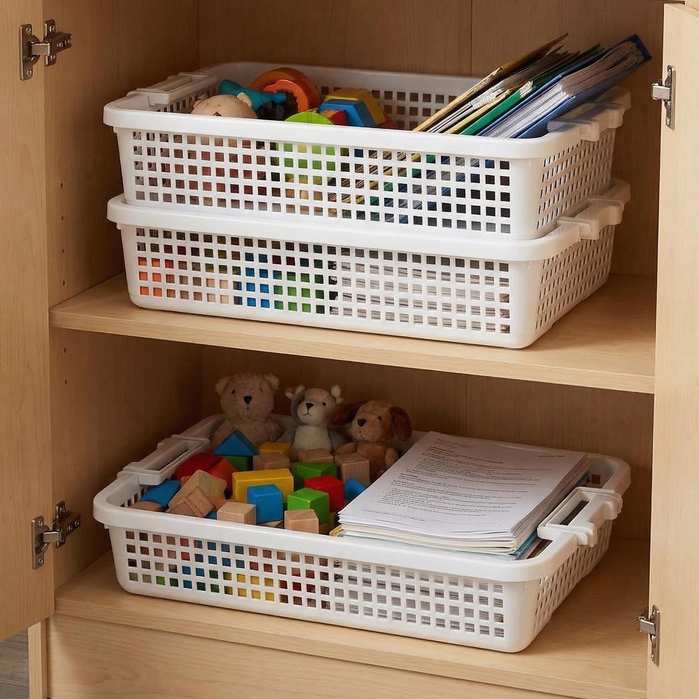 4 Pack Plastic Basket for Organizing, Stackable A4 Paper Trays with Handle, T...