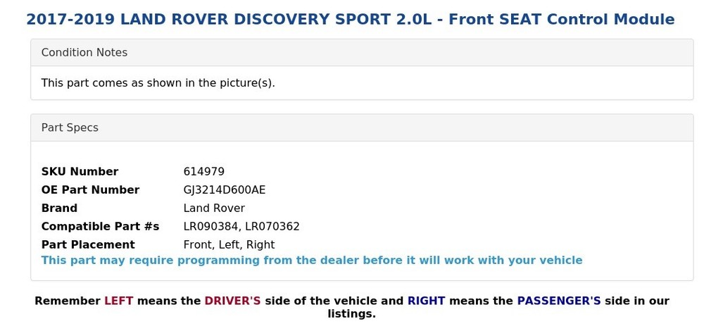 2017-2019 LAND ROVER DISCOVERY SPORT 2.0L - Front SEAT Control Module