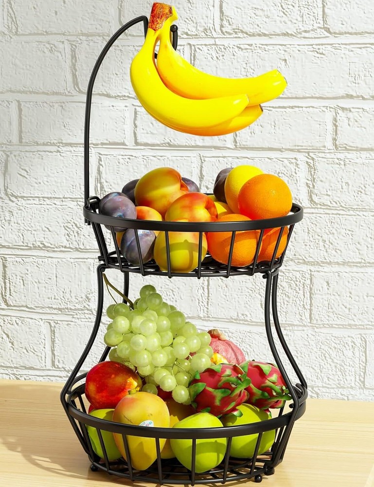 2-Tier Fruit Basket Bowl Stackable Vegetable Storage with Banana Tree Hanger Sta