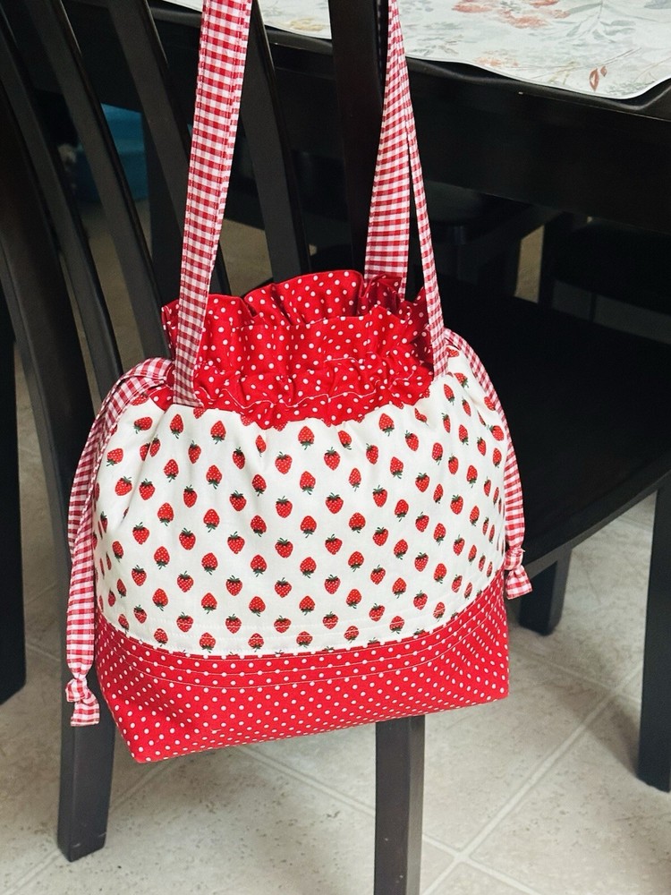 Handmade Quilted Project Bag With Handles. Strawberries