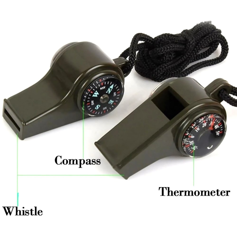 2 Pack Backpacking Tool 3-In-1 Whistle Compass Thermometer Survival with Lanyard