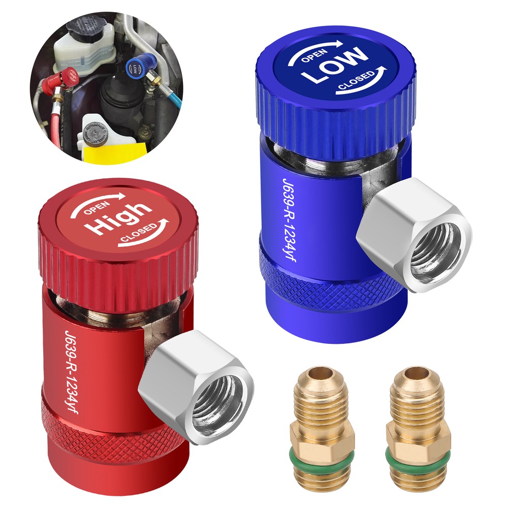 R1234YF Quick Coupler Adapter & 1/4" Flare Fitting, Adjustable HP & LP Connector