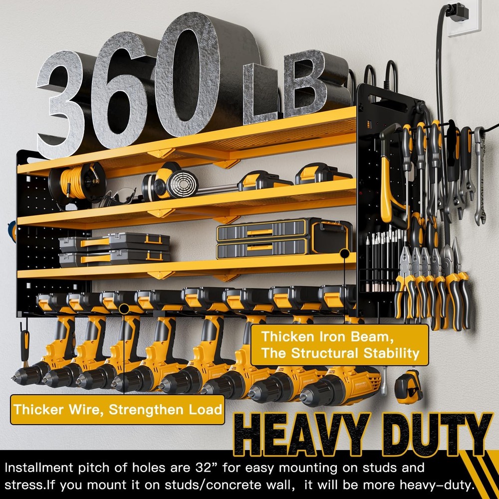 Power Tool Organizer Wall Mount with Charging Station, 8 Drill Holder, 4 Laye...