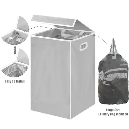 Foldable Laundry Hamper Basket with Lid and Removable Bag, Gray Grey