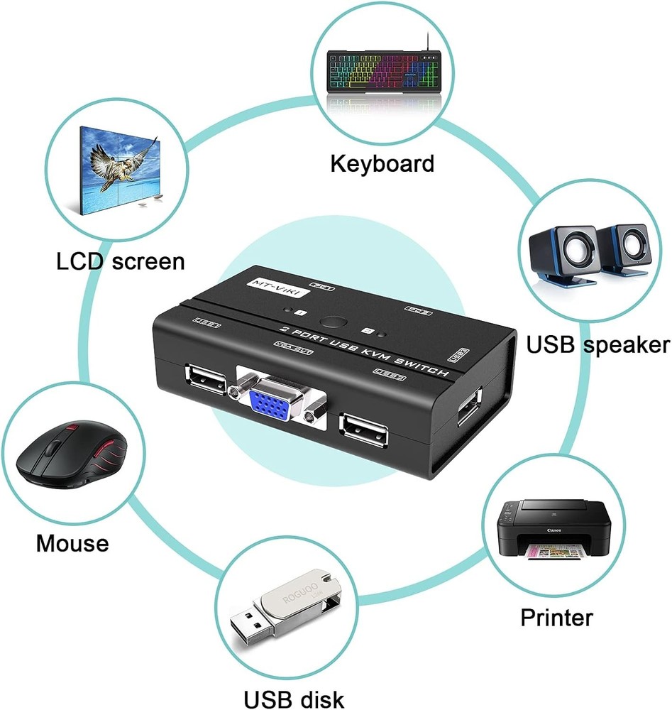 2 Port USB VGA KVM Switch for Dual Computer Use - Easy Push Button Control