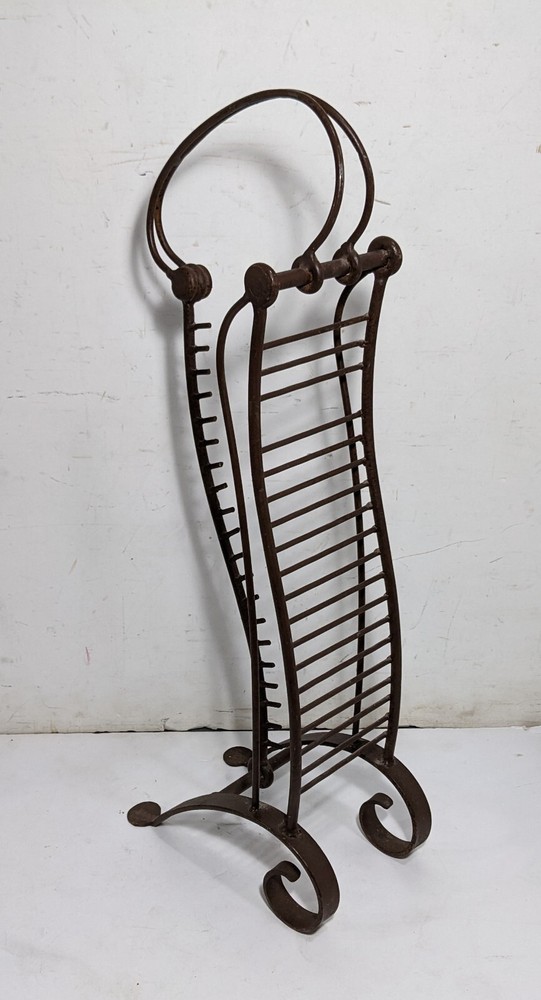 Vintage Rustic Wrought Iron Sculptural CD Storage Display Rack Stand Handle